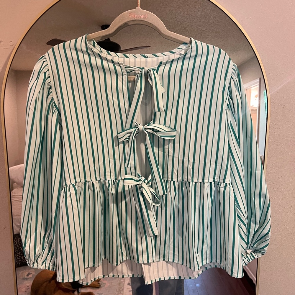 Amazon Green and White Peplum Blouse with Tie Front